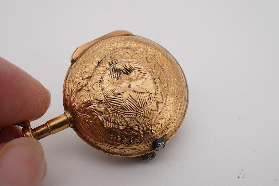 A 19th century French yellow metal fob watch by Lepine Du Roy of Paris, with diamond chip set border and Roman dial, case diameter 27mm, gross weight 22 grams.